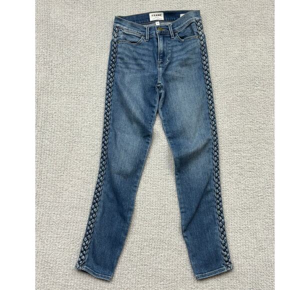 Frame Women's Le High Skinny Fit Braid Trim Blue Jeans Size 0 #61907 - Picture 1 of 3